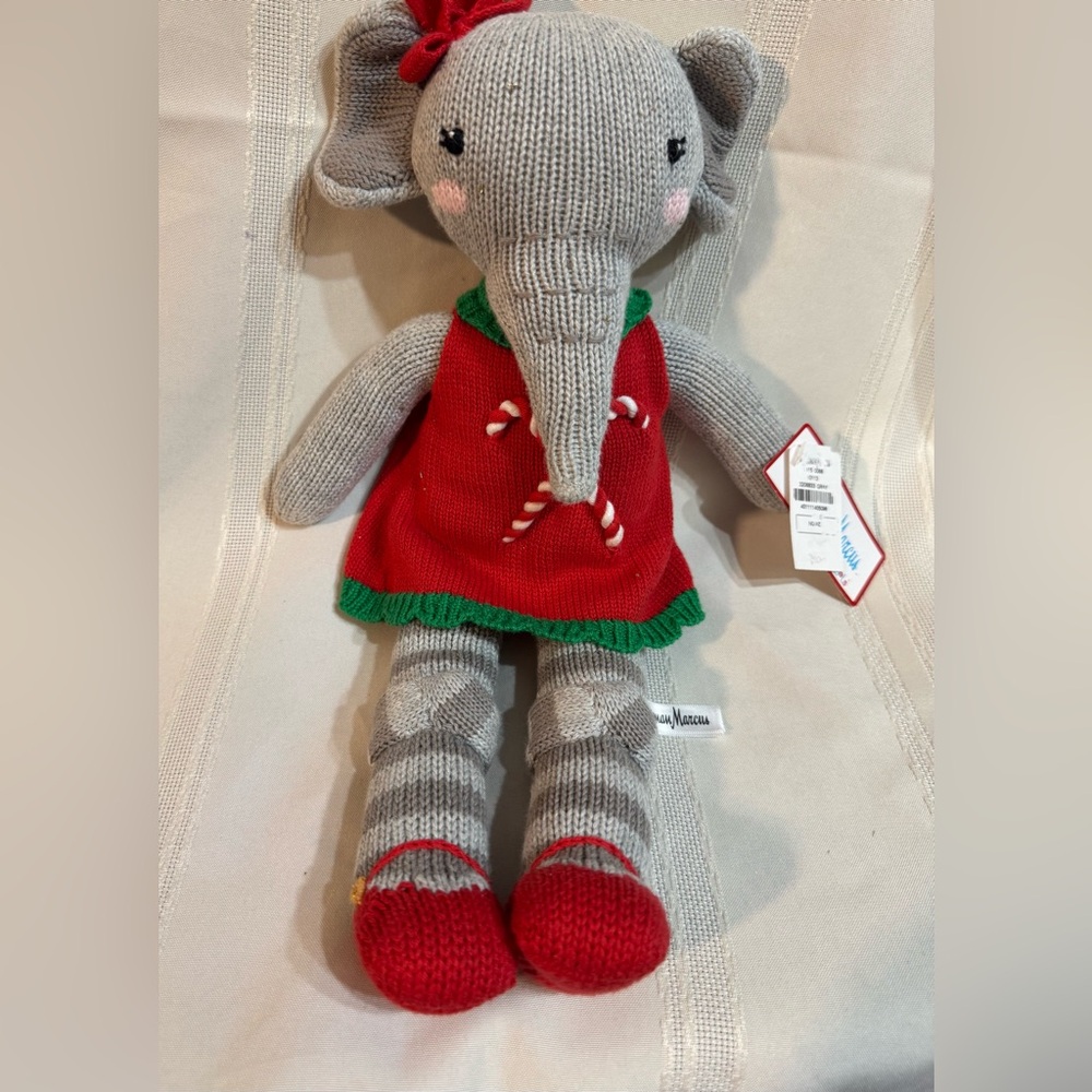 Zubels Gray Elephant Knitted Plush Toy in Christmas Outfit